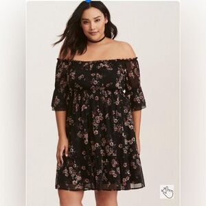 Black Floral Off Shoulder Chiffon Peasant Dress
